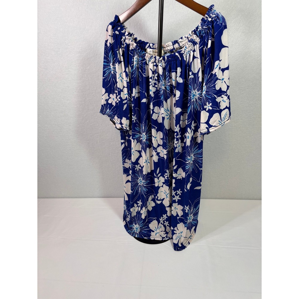 ACE Fashion Blue White Floral Off Shoulder Blouse Top Womens 2X Short Sleeve